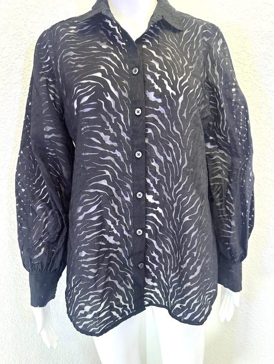 Chico's Tops - Women’s Chico’s Sz 1 (M) Black Sheer Zebra Stripe Button Up Balloon Sleeve Shirt